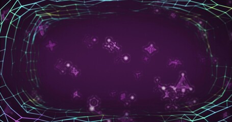 Glowing central particle field pulsing inside virtual sci-fi tunnel, with neon wireframe border © vectorfusionart