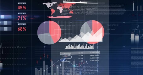 Showing data dashboard on center screen with overlapping donut charts, percent panels, histogram © vectorfusionart