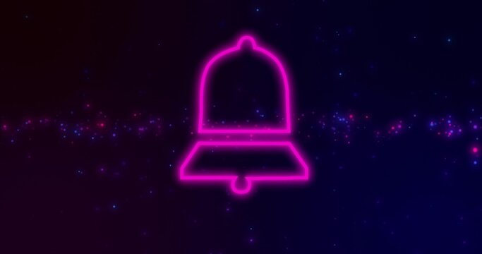 Glowing neon pink bell icon hovering over galaxy background, with halo and multicolor sparkles