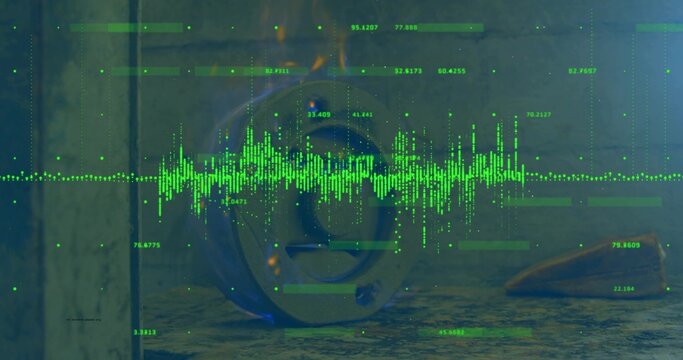 Lying scuffed metal cylinder occupying center on stained concrete floor, cutting neon-green HUD