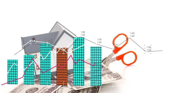 Showing teal bars covering house on white table, with trends, dollar bills and orange scissors