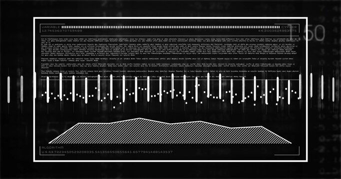 Displaying large white framed data display on dark backdrop, showing equalizer bars and ALGORITHM