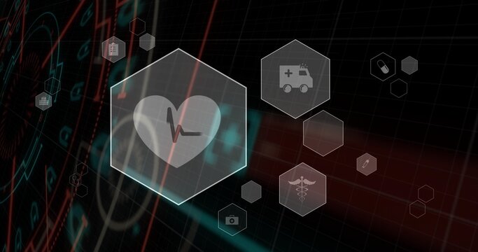 Pulsing hexagonal heart panel receiving ECG signal on tilted grid, showing medical icons for care