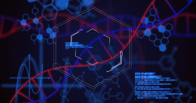 Animating DNA double helix traversing lab hex HUD on system boot, displaying cyan data blocks