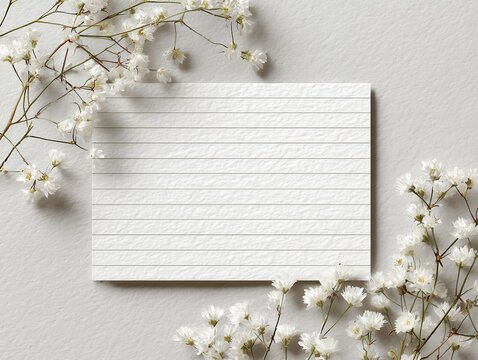 Blank lined paper note with white baby's breath flowers on gray background