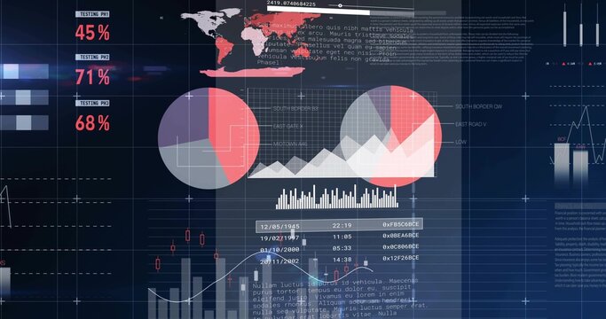 Showing data dashboard on center screen with overlapping donut charts, percent panels, histogram