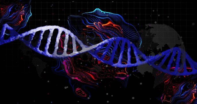 Showing blue-purple DNA helix stretching across digital render with neon lines, map, grid, dots