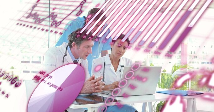 Reviewing clinic data, docs with stethoscopes and nurse in scrubs leaning over laptop with graphics