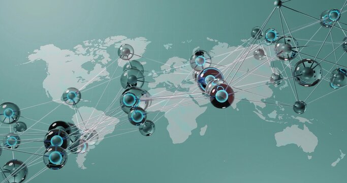 Displaying 3D network of glossy glass spheres overlaying digital world map, showing luminous links