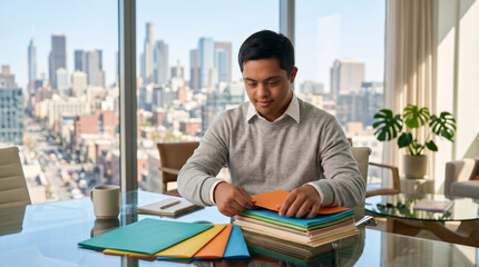 Fototapeta premium Asian man in a grey sweater organizing colorful files on a glass desk in a modern office, project management, professional workflow organization.