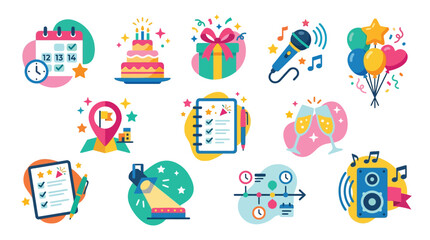 Naklejka premium A vibrant collection of flat design icons representing various aspects of event planning and celebration, including calendars, cakes, gifts, music, and more.