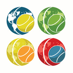 Obraz premium Four colorful globes with tennis balls and world maps Keywords: globe, tennis ball, world map