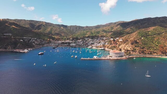 Dolly shot of Avalon on the Catalina island over the water