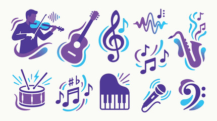 Obraz premium A vibrant collection of musical instruments and symbols, including a violinist, guitar, saxophone, piano, drum, and microphone, rendered in a modern, stylized purple and blue artistic design.
