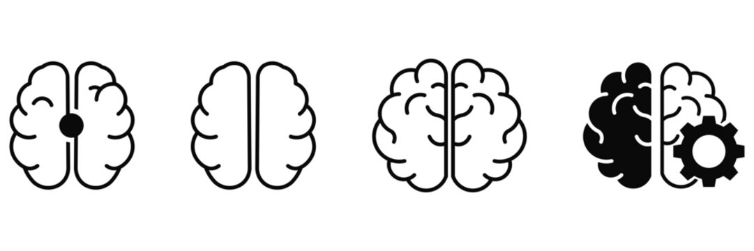 Human brain icons set with gear and mental health symbols in line art style