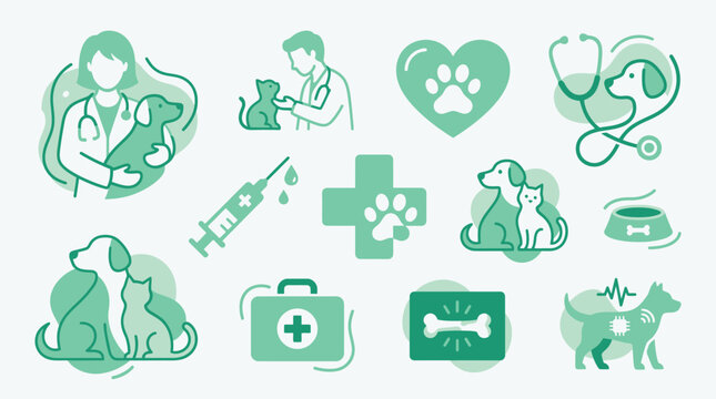 A collection of veterinary icons and illustrations, featuring veterinarians, pets, medical symbols, and equipment, all in a cohesive green color scheme.