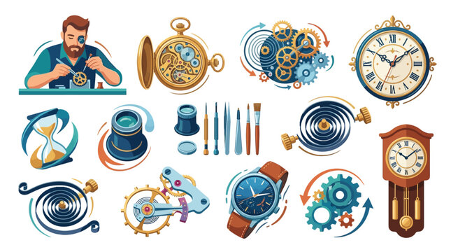 A collection of watchmaking tools and timepieces, including a watchmaker at work, pocket watches, wristwatches, grandfather clocks, and intricate gears.