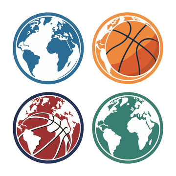 Four circular icons featuring globes and basketballs with textured borders Keywords: globe