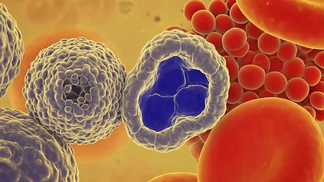 Microscopic view of blood cells, including red blood cells and white blood cells, in a sample