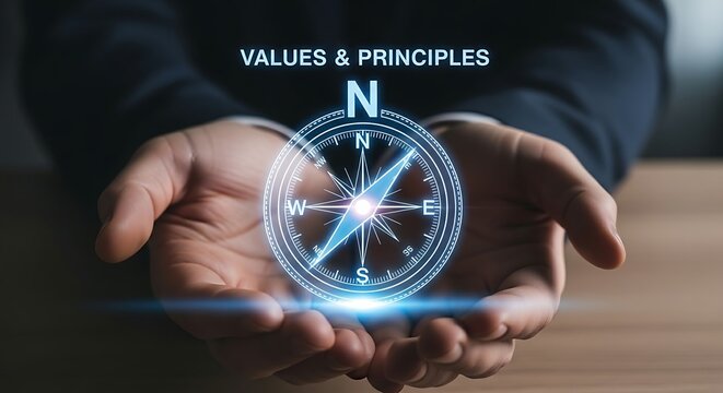 Company values and principles concept. An anonymous professional's cupped hands hold a holographic compass with the needle locked on North, representing core values.