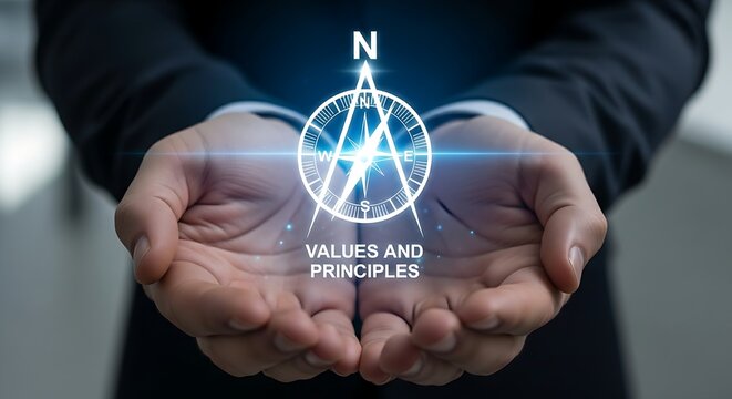 Company values and principles concept. An anonymous professional's cupped hands hold a holographic compass with the needle locked on North, representing core values.