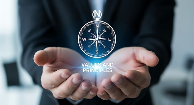 Company values and principles concept. An anonymous professional's cupped hands hold a holographic compass with the needle locked on North, representing core values.