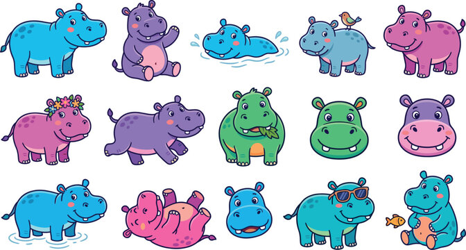 Horse cartoon set featuring farm and fantasy horses, running, jumping, and grazing poses, colorful equine characters in flat vector illustration style