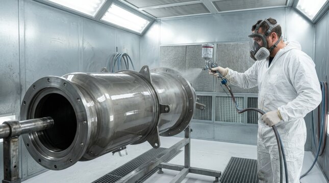 Medium shot capturing polyurethane coating application on casings highlighting the glossy flexible finish for advanced corrosion protection in a clean spray booth.