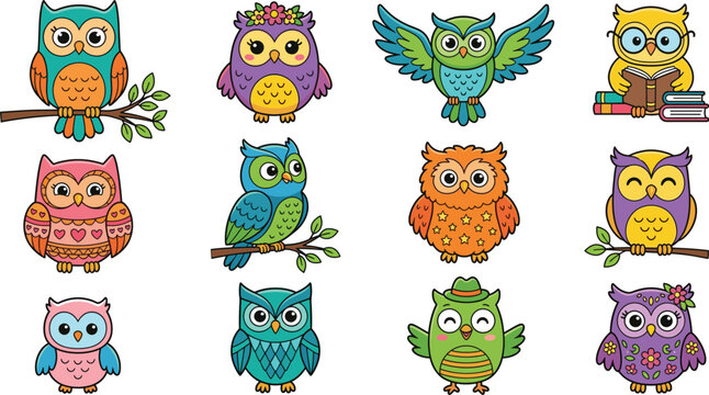 Cute owl cartoon set featuring colorful birds, decorative characters, different poses and patterns in playful flat vector illustration style