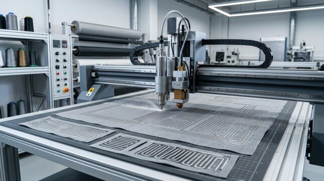Medium perspective of CNC cutters working on technical textiles demonstrating advanced digital pattern cutting for smart fabric applications.