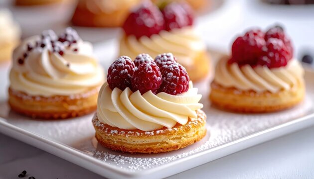 Delicious Cream Puff Pastries with Fresh Raspberries and Chocolate Sprinkles.