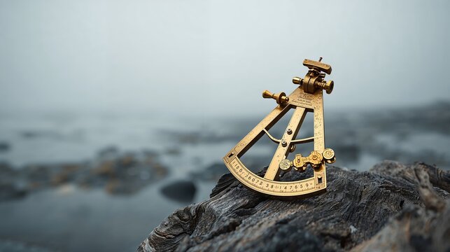 Antique sextant on a weathered rock, navigating ocean waters