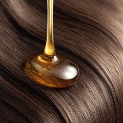 Fototapeta premium A close-up view of glossy hair with rich golden oil flowing on it, symbolizing nourishment and beauty.