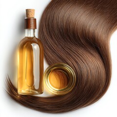 Naklejka premium Aesthetic arrangement of hair oil with long, flowing hair, showcasing beauty and hair care essentials.