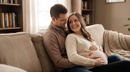 Obraz premium Mother's Day expectant couple on sofa with husband touching pregnant belly expressing love care anticipation for lifestyle magazine editorial content photography