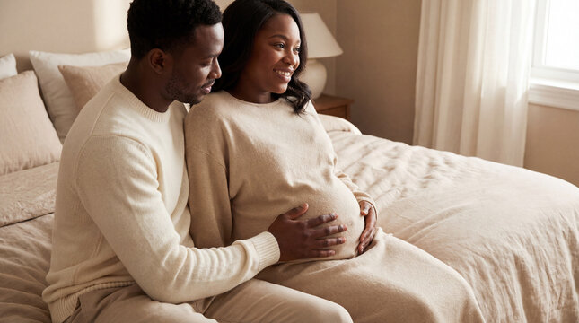 Mother's Day pregnant woman and husband on bed sharing intimate moment expressing love tenderness for lifestyle magazine editorial content