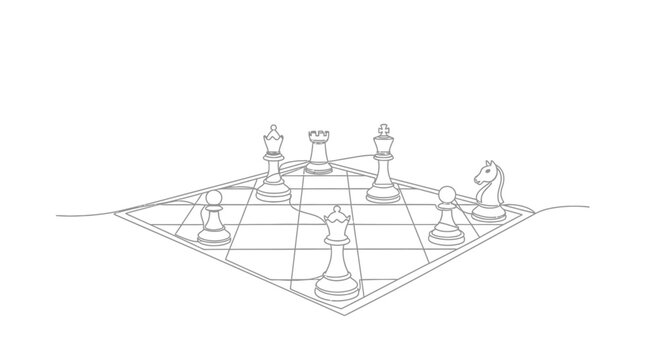 Chessboard war strategy game, pieces arranged for battle on a warped board, strategic thinking concept