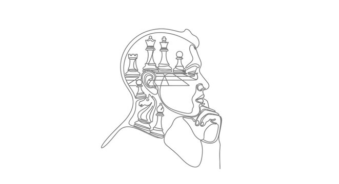 Abstract Human Head Silhouette with Chess Pieces Inside, Strategic Thinking Concept