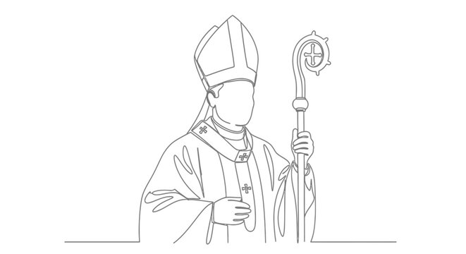 Bishop in Mitra and Rochet Holding a Crozier, Line Art Illustration