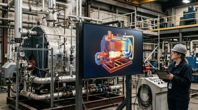Medium shot of a digital twin test bay showing a large screen displaying a virtual boiler model synchronized with the physical unit during operational testing.
