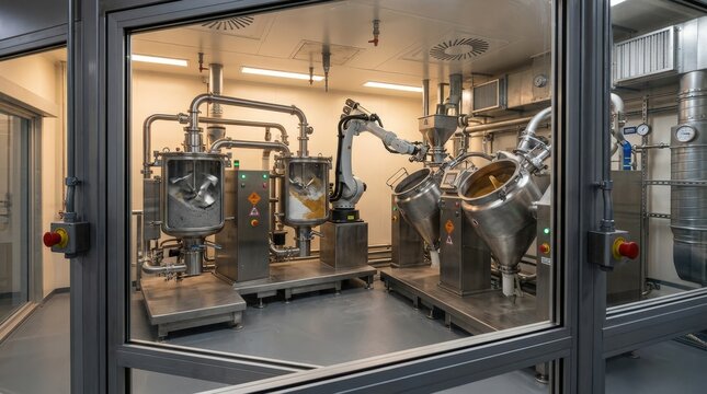 Medium shot capturing automated large batch mixers in a sealed environment safely combining explosive powders under stringent safety protocols.
