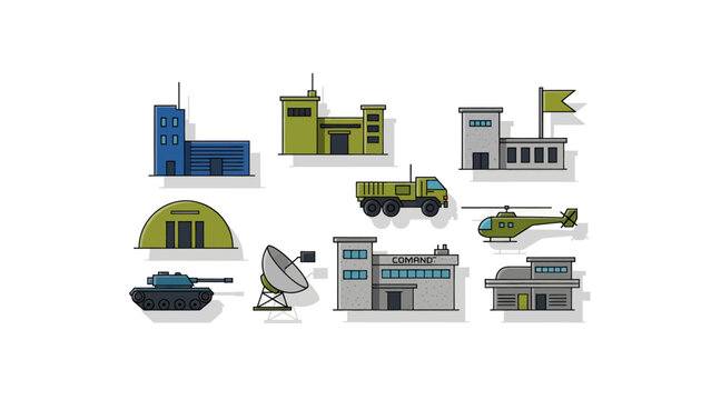 Military Vehicles and Buildings Icons.