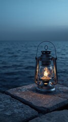 Fototapeta premium Lantern on pier with the sea in background illuminates the night