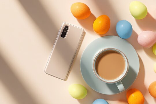 Colorful Easter treats and morning coffee on a light pastel table with smartphone