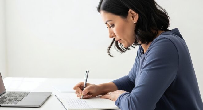 A focused woman taking notes on a pad of paper next to her laptop