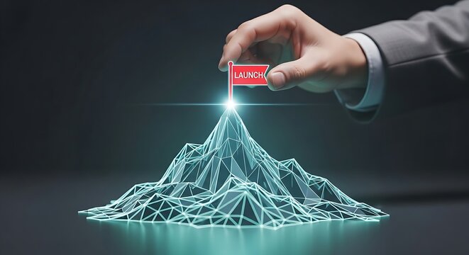 Goal achievement concept. A product manager's hand places a small flag icon on top of a minimalist holographic mountain, symbolizing a launch or goal achievement.