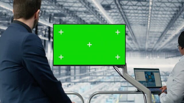 Green screen monitor used by managers reviewing microchip factory diagnostic readouts to prevent downtime. Colleagues study semiconductor plant data on mockup display, doing quality control, camera B