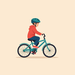 Naklejka premium A young boy wearing a blue helmet and a red hoodie riding a teal-colored bicycle on a light beige background. The vector illustration shows the child pedaling with both feet on the pedals.