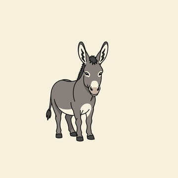 Minimalist vector illustration of a grey donkey with long ears, dark mane, and light-colored muzzle standing isolated on a plain background, representing a friendly farm animal.