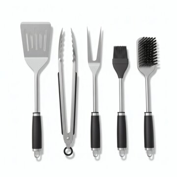 A set of stainless steel barbecue utensils with black handles on a white background